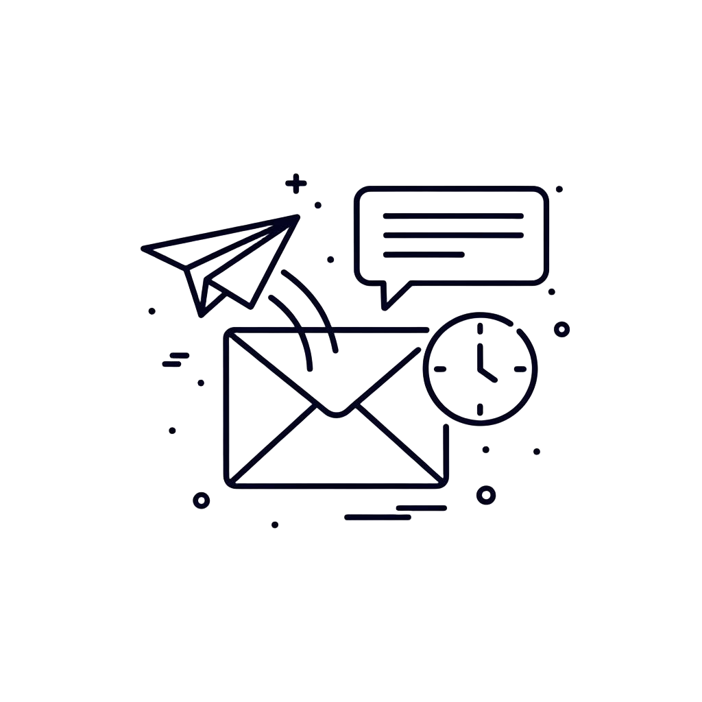 Line illustration of an envelope with a paper plane, chat bubble and clock, symbolising fast contact response